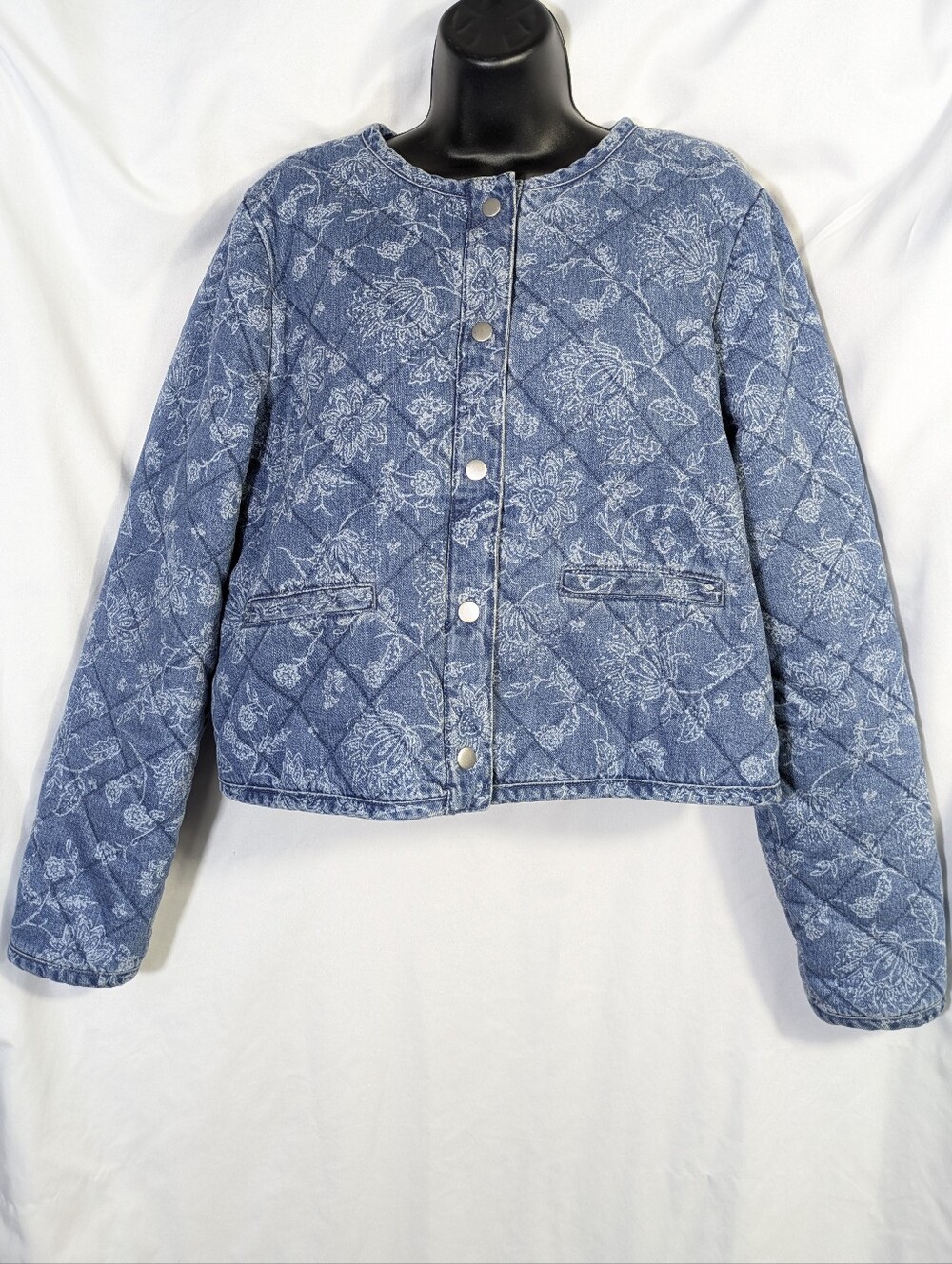Rachel Zoe Women's Quilted Denim Floral Blue Cropped Jacket Costal Chic Casual L